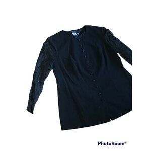 Vintage DONNA MORGAN Black Jacket 100% Silk Sheer Sleeves Size 16 Women's Petite
